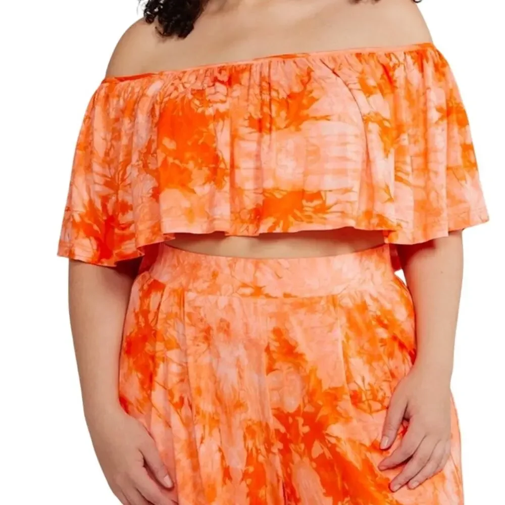 F2F Orange Tie-Dye Off-Shoulder Ruffle Crop Top Wide-Leg Pant Co-Ord Set NWT 2X